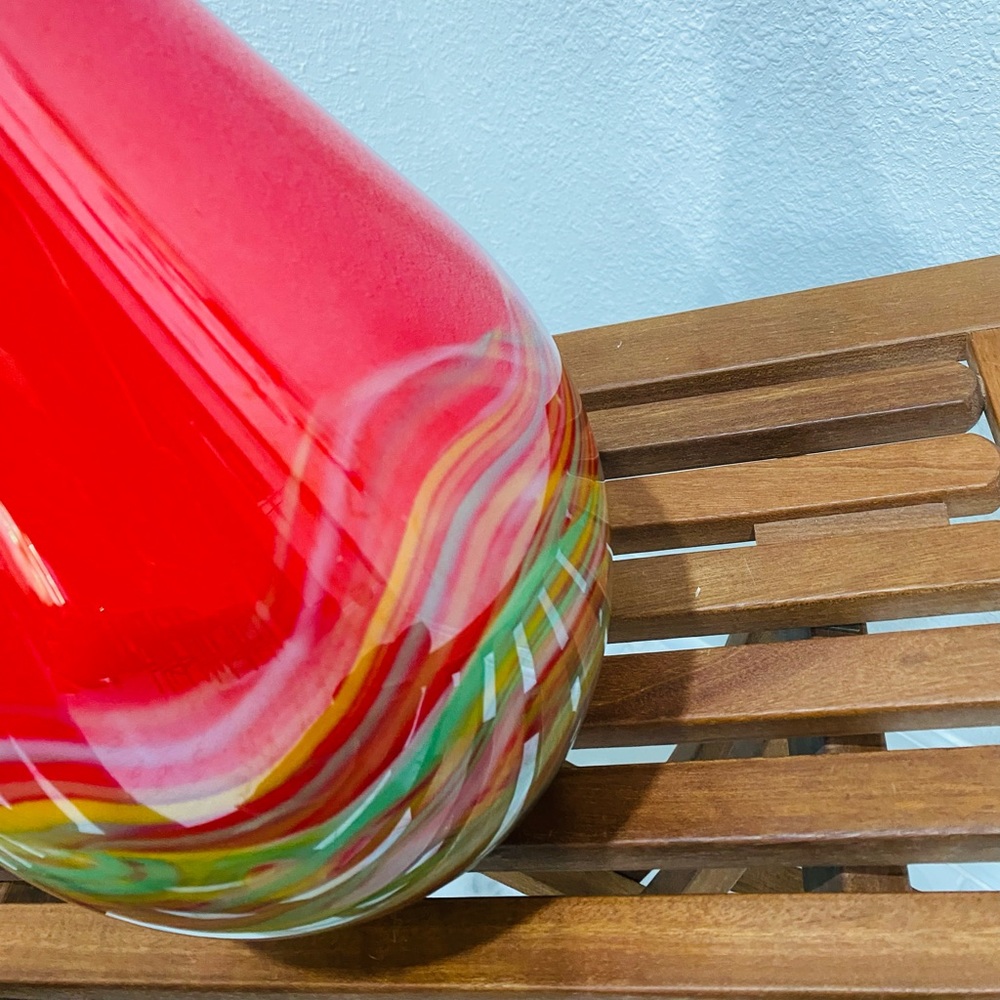 Vintage Murano Red Yellow & Green Art Glass Bottle Vase. Lizarri Glass Signature - Picture 6 of 11